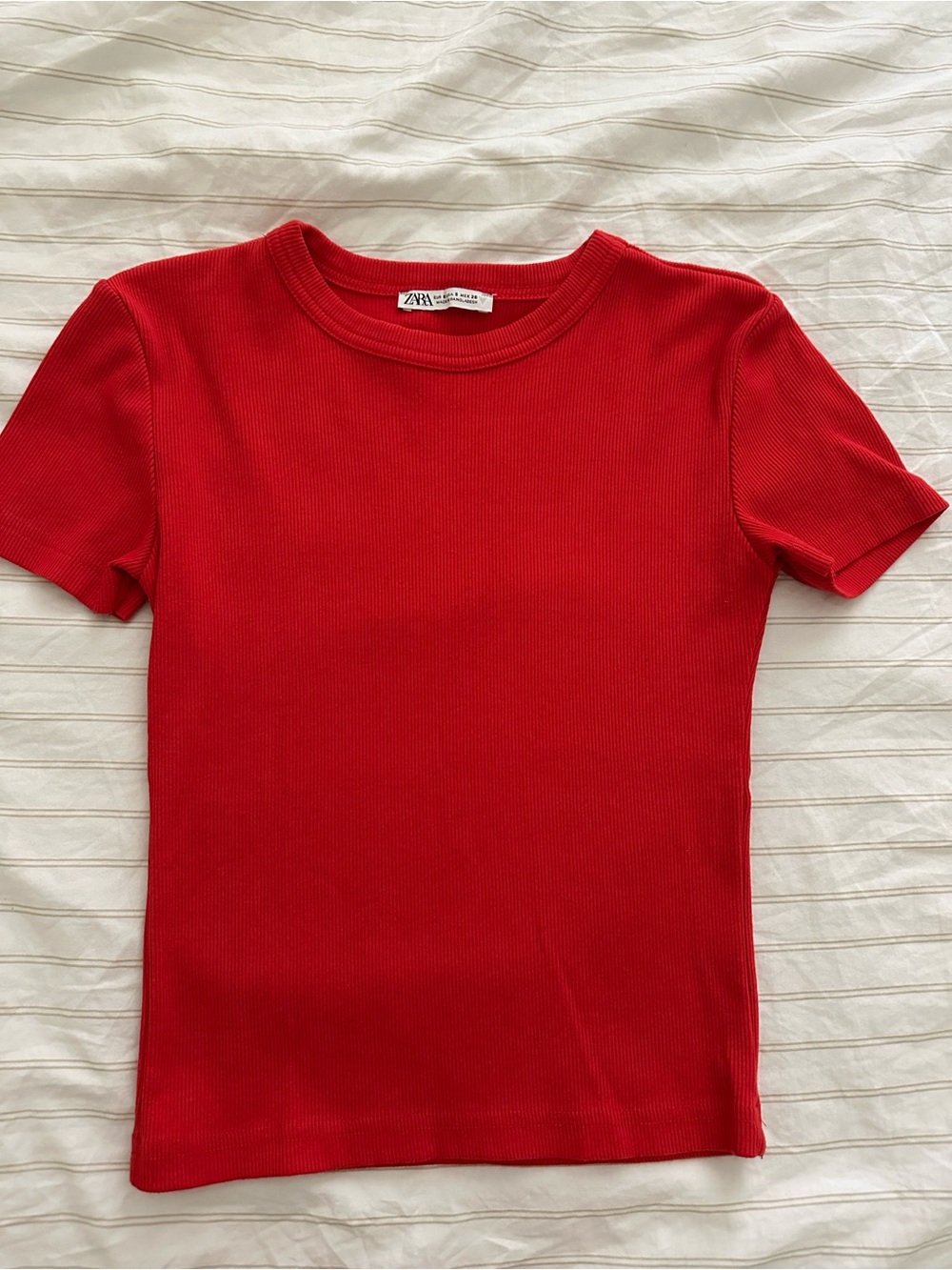 Zara Red Ribbed Short Sleeve Top